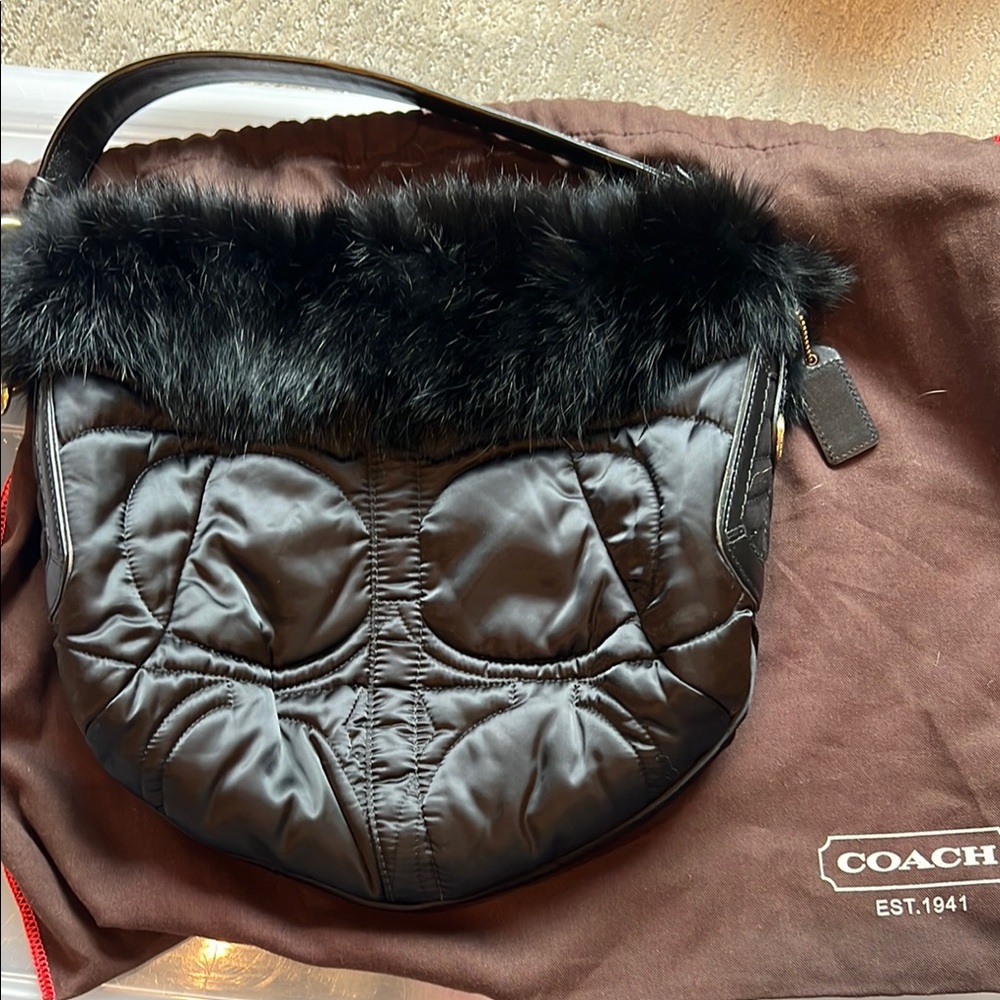 Coach Black Quilted Shoulder Bag with Fur Trim